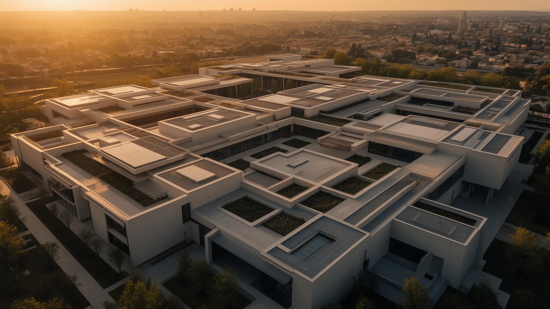 Aerial view of a large architectural complex at golden hour