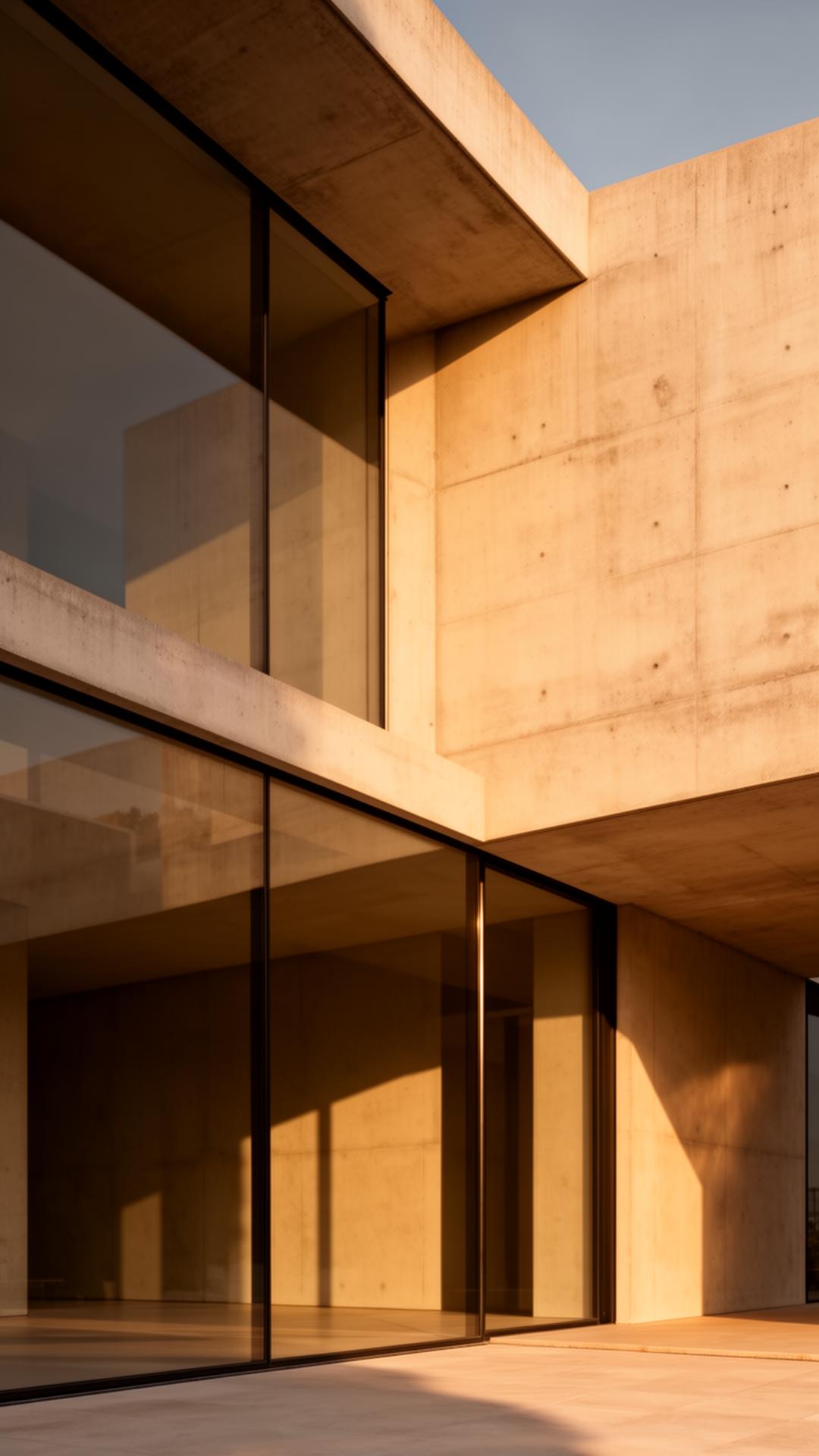 Concrete and glass architectural facade in warm afternoon light