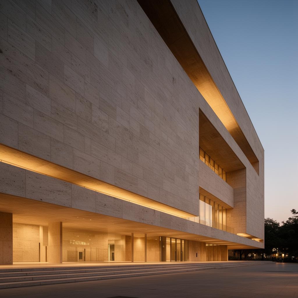 Award-winning cultural building in limestone at dusk